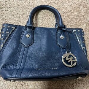 Michael Kors Dark Navy Leather Studded Satchel with MK Charm